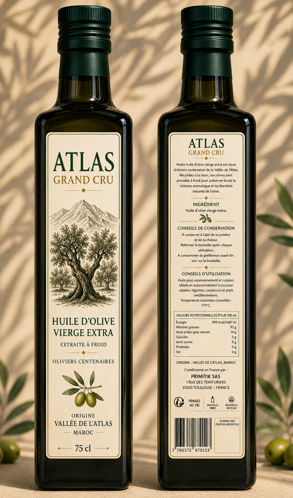 Bouteille Atlas Grand Cru, huile d'olive extra vierge 75 cl
